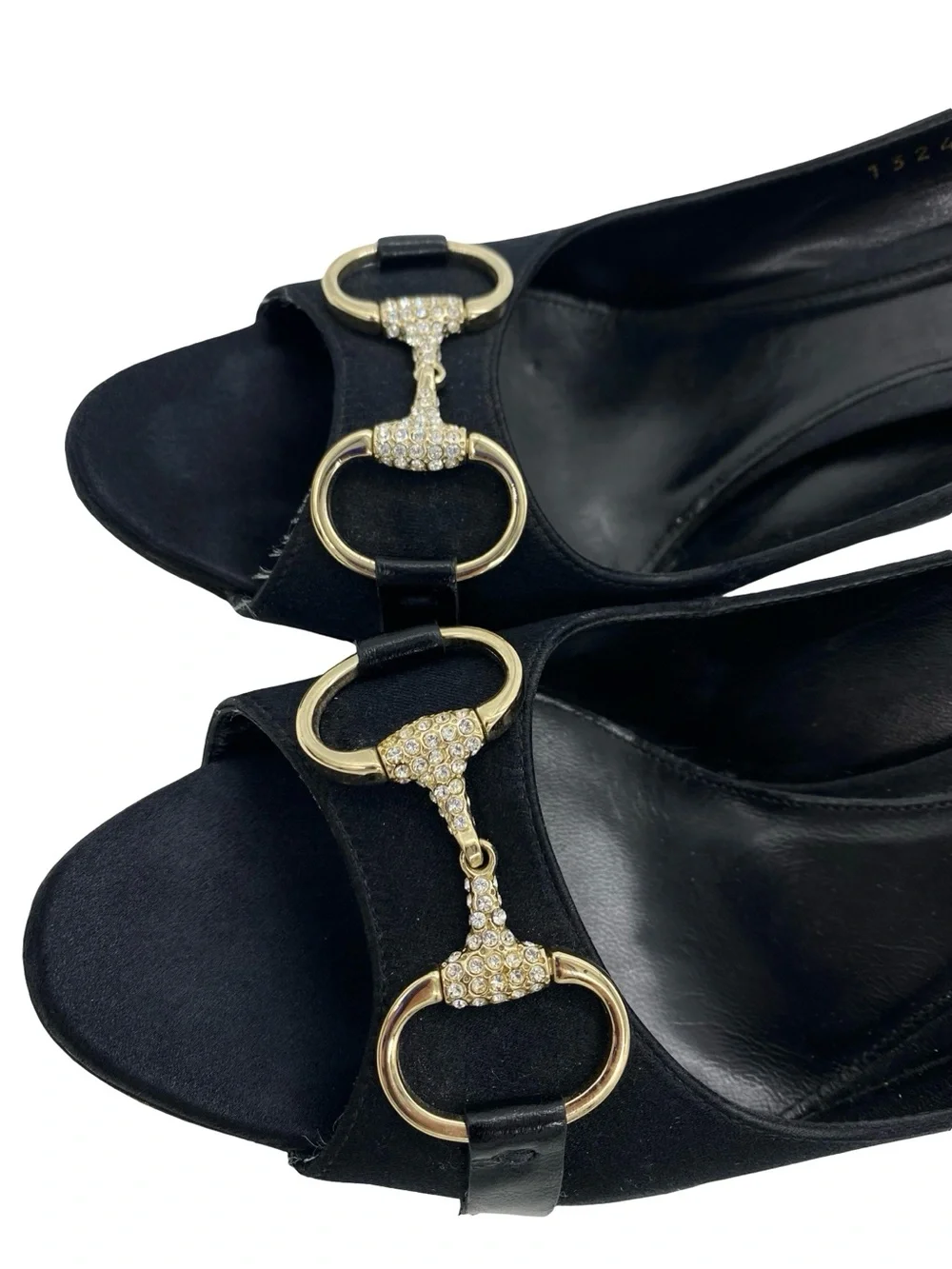 Gucci Black Satin Horsebit Peep Toe Pumps Size 8.5